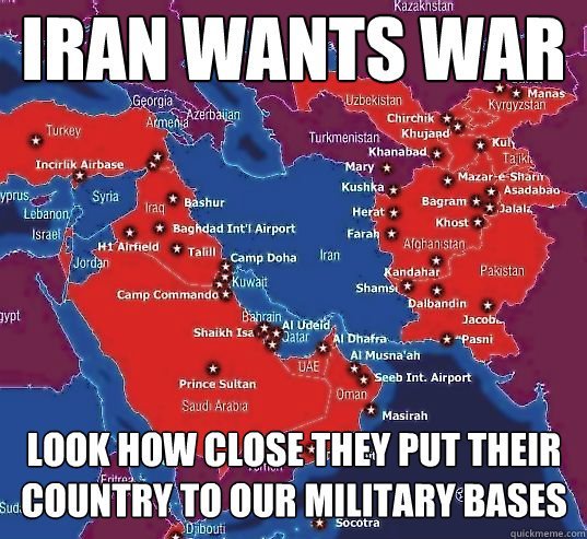 Τα σημάδια περιγράφουν τις περισσότερες από 20 στρατιωτικές βάσεις των αμερικανών γύρω από το Ιράν. Είναι προφανές ποιος είναι ο επιτιθέμενος...
