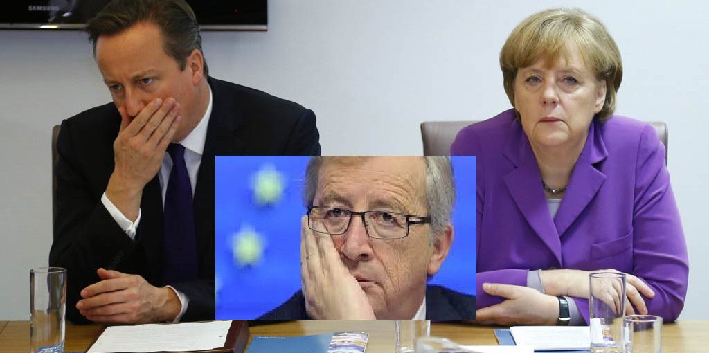 Britain’s PM Cameron and Germany’s Chancellor Merkel attend a meeting for a business task force in Brussels
