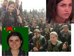 Δυνάμεις του YPJ. Πάνω αριστερά η Ριάνα, κάτω αριστερά η Αρίν Μιρκάν και δεξιά η Περιβάν. Και οι τρεις ηρωίδες με τη προσφορά της ζωής τους πέρασαν στην αθανασία. Μπήκαν στη σφαίρα του θρύλου και της δόξας.