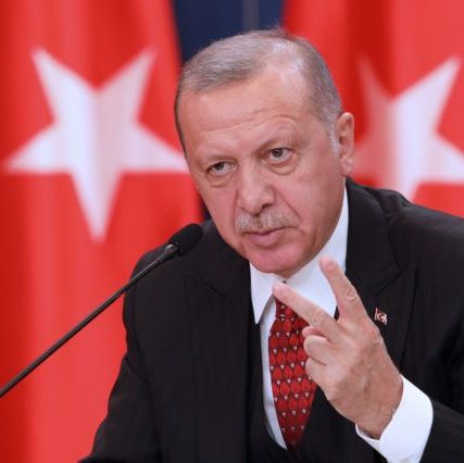 Turkish President Tayyip Erdogan attends a joint press conference with Serbia’s President Aleksandar Vucic after their meeting in Belgrade