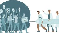 Doctors fighting against Anti Vaccination movement. Anti-Vaccine and Mandatory Immunization Protest Refusal. People Characters Rejecting Preventive Medicine.