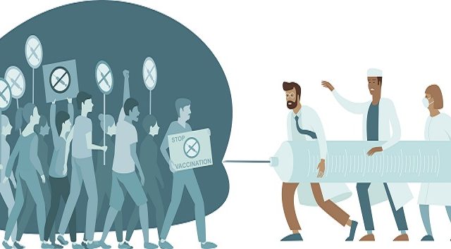 Doctors fighting against Anti Vaccination movement. Anti-Vaccine and Mandatory Immunization Protest Refusal. People Characters Rejecting Preventive Medicine.