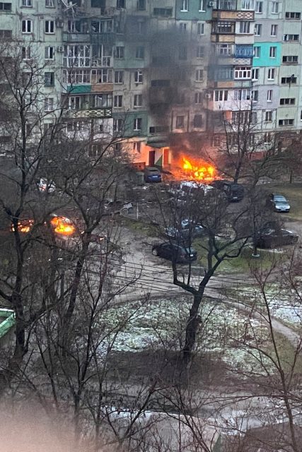 FILE PHOTO: Fire is seen in Mariupol at residential area after shelling