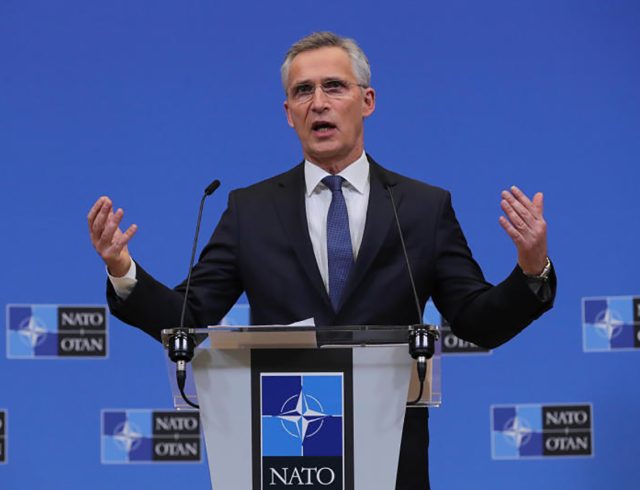 Bruxelles,  Il segretario generale della NATO Jens Stoltenberg dopo la riunione straordinaria della Commissione NATO-Ucraina