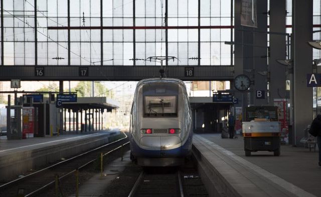 French High Speed Train (TGV) made by French train maker Alstom leaves Munich’s central railway station