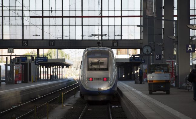 French High Speed Train (TGV) made by French train maker Alstom leaves Munich’s central railway station