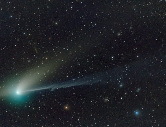 A green comet named Comet C/2022 E3 (ZTF), is seen journeying tens of millions of miles (km) away from Earth in this telescope image