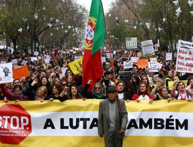 Public school workers demonstrate for better salaries and working conditions in Lisbon