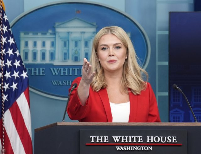 US President Trump’s Press Secretary Karoline Leavitt speaks in the briefing room