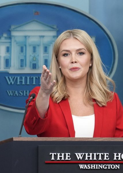 US President Trump’s Press Secretary Karoline Leavitt speaks in the briefing room