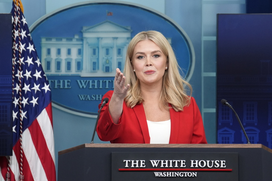 US President Trump’s Press Secretary Karoline Leavitt speaks in the briefing room