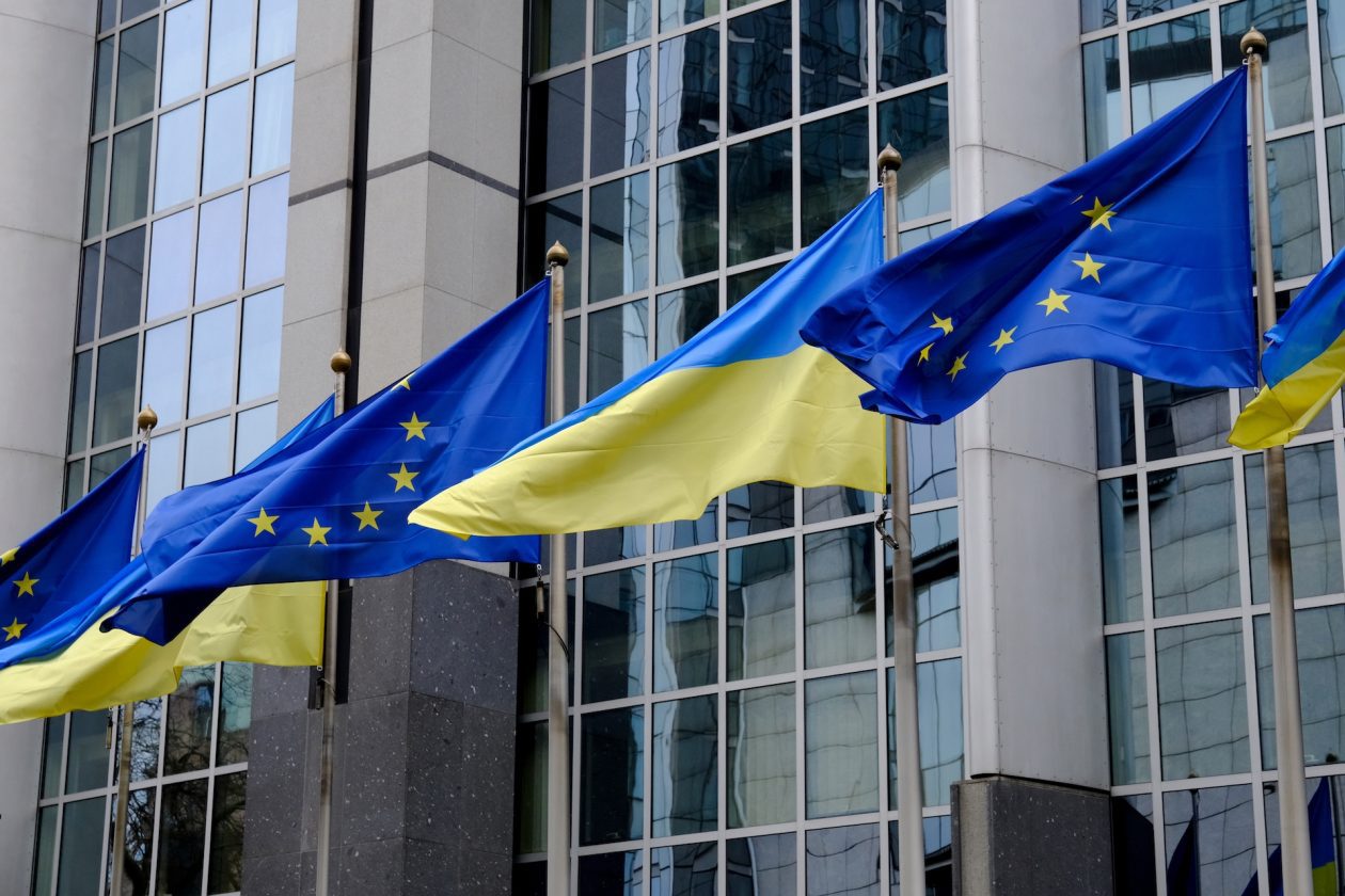 Flags,Of,Ukraine,And,Eu,Fly,In,Front,Of,The