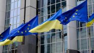 Flags,Of,Ukraine,And,Eu,Fly,In,Front,Of,The