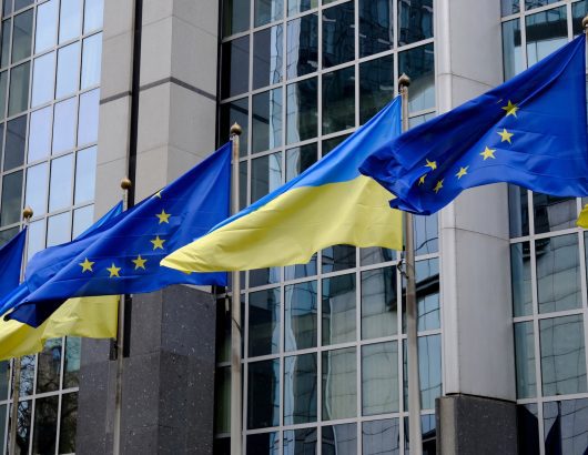 Flags,Of,Ukraine,And,Eu,Fly,In,Front,Of,The