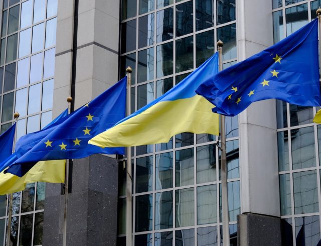 Flags,Of,Ukraine,And,Eu,Fly,In,Front,Of,The